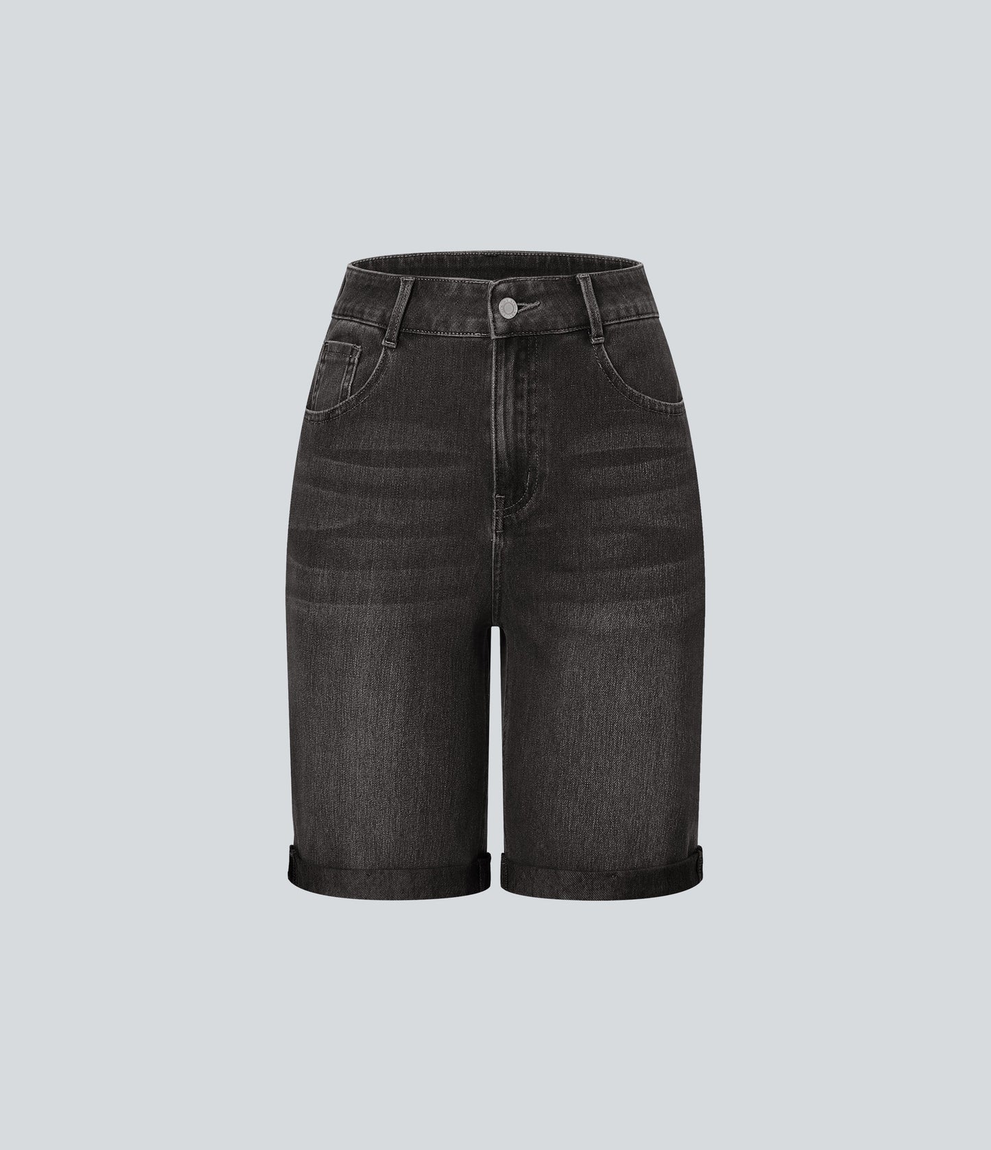 High Waisted Pockets Rolled Hem Washed Denim Casual Bermuda Shorts