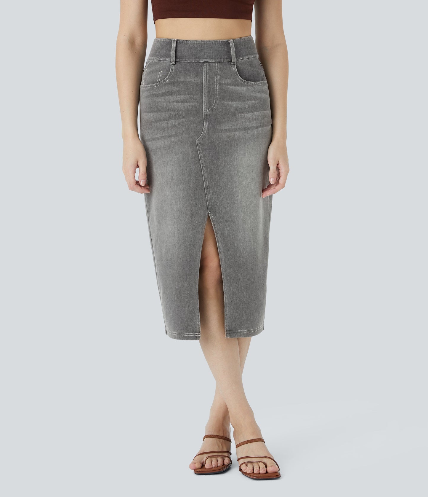 High Waisted Pockets Bodycon Washed Denim Casual Midi Skirt