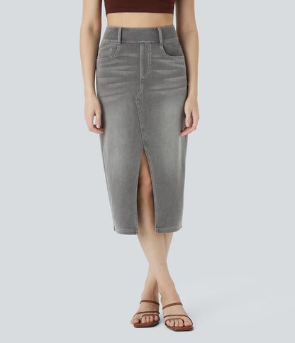 High Waisted Pockets Bodycon Washed Denim Casual Midi Skirt