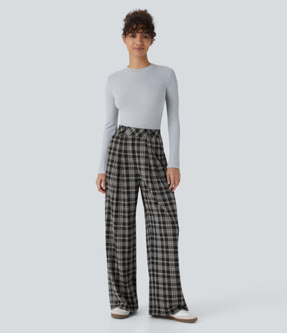 High Waisted Pocket Wide Leg Houndstooth Plaid Casual Pants