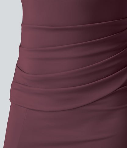 Square Neck Backless Corset Ruched Split Bodycon Midi Cool Touch Bridesmaid and Wedding Guest Dress