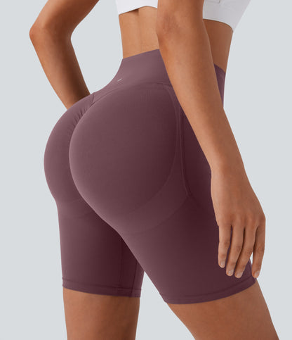 High Waisted Scrunch Butt Lifting Tummy Control Side Pocket Shaping Workout Biker Shorts 7''