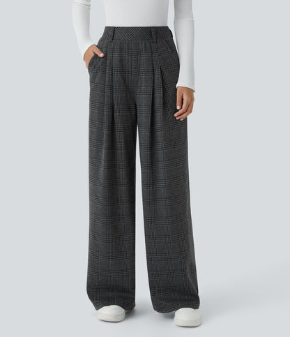 High Waisted Pocket Wide Leg Houndstooth Plaid Casual Pants