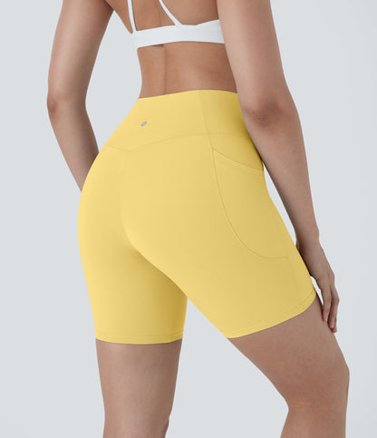 High Waisted Crossover Pocket Yoga Biker Shorts 7"-UPF50+