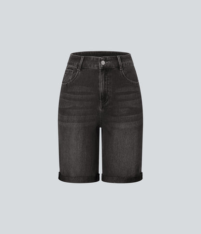 High Waisted Pockets Rolled Hem Washed Denim Casual Bermuda Shorts