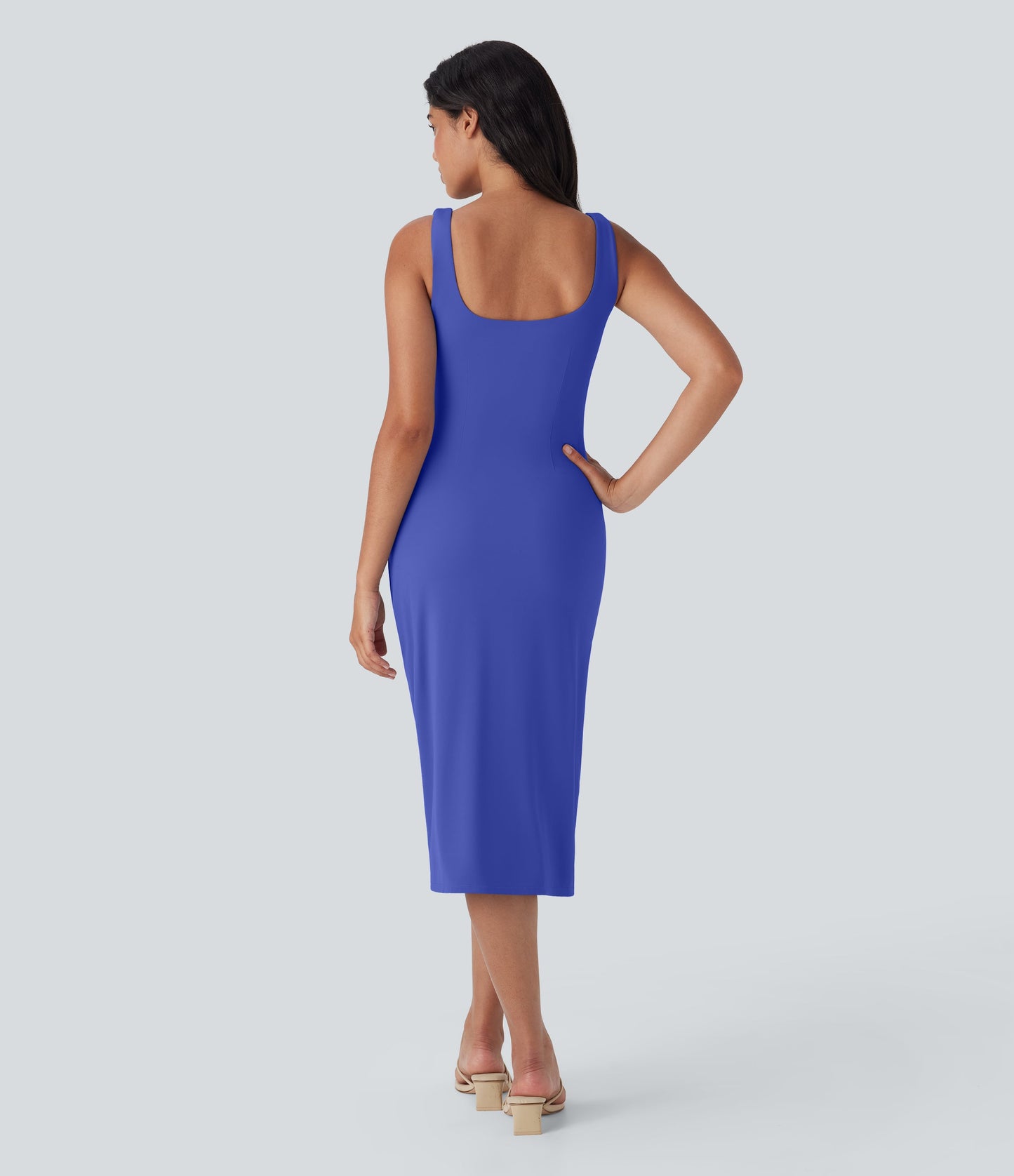 Square Neck Corset Ruched Bodycon Midi Cool Touch Dress-D/DD/DDD/F Cups
