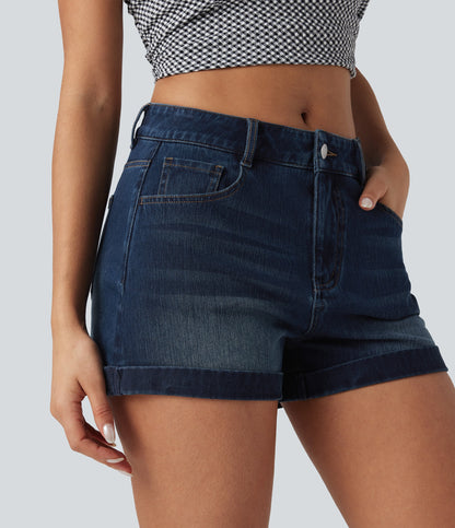 Mid Rise Zipper Pockets Denim Casual Shorts 3''