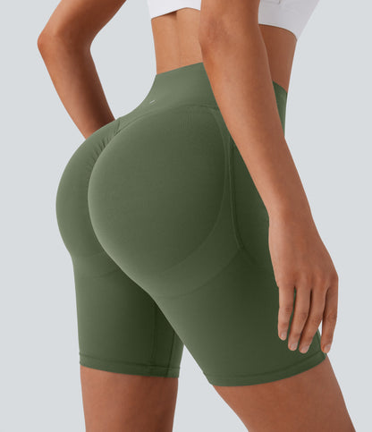 High Waisted Scrunch Butt Lifting Tummy Control Side Pocket Shaping Workout Biker Shorts 7''
