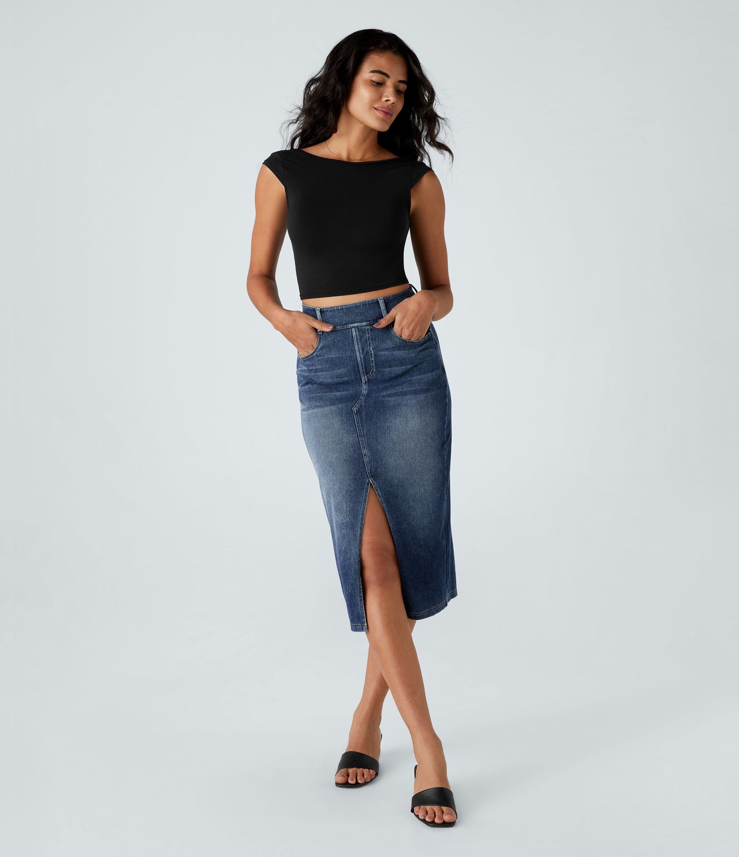 High Waisted Pockets Bodycon Washed Denim Casual Midi Skirt
