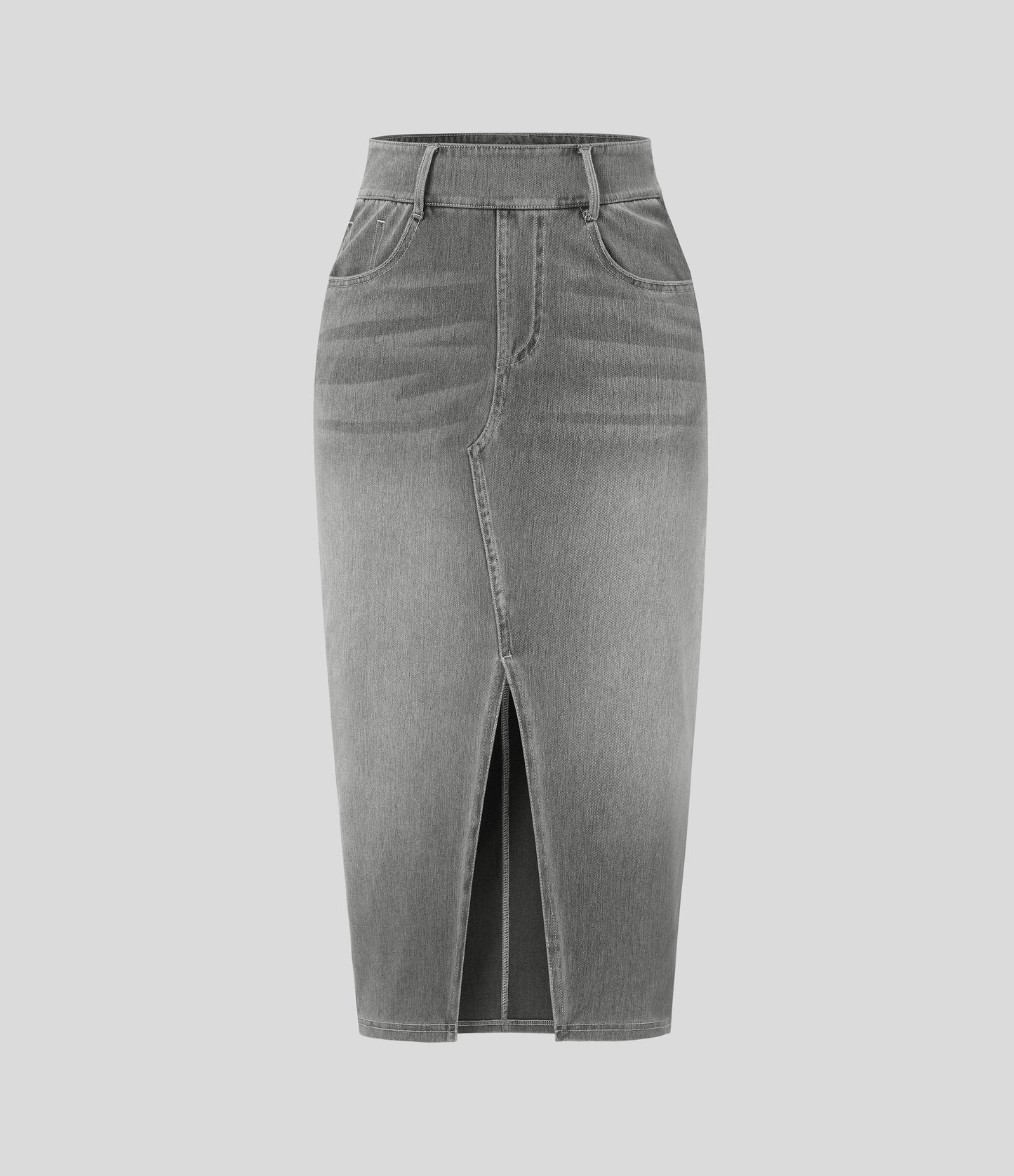 High Waisted Pockets Bodycon Washed Denim Casual Midi Skirt