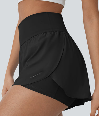QuickDry High Waisted Reflective Dots Crossover Hem 2-in-1 Pockets Running Shorts