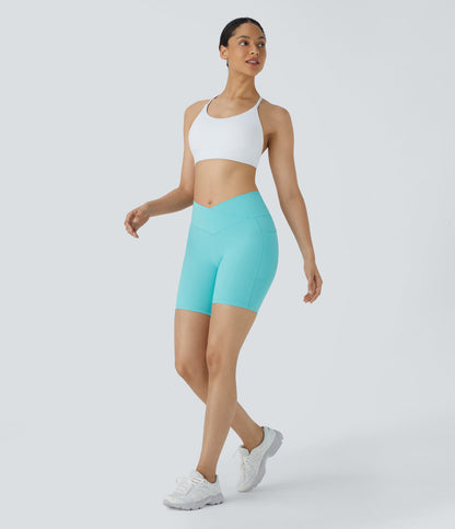 High Waisted Crossover Pocket Yoga Biker Shorts 7"-UPF50+