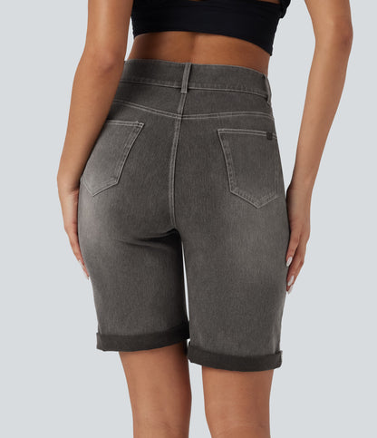 High Waisted Pockets Rolled Hem Washed Denim Casual Bermuda Shorts