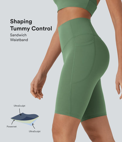 High Waisted Tummy Control Pocket Shaping Training Biker Shorts 9''