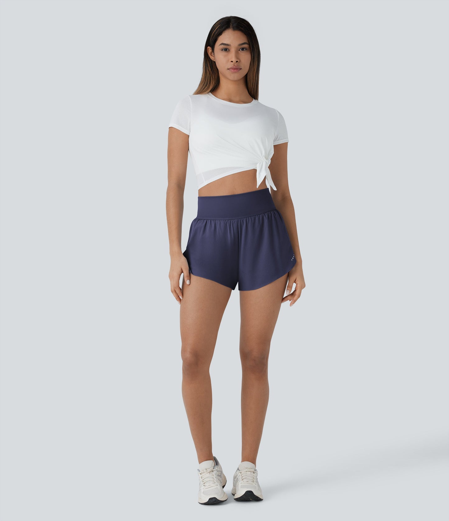 QuickDry High Waisted Reflective Dots Crossover Hem 2-in-1 Pockets Running Shorts