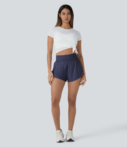 QuickDry High Waisted Reflective Dots Crossover Hem 2-in-1 Pockets Running Shorts