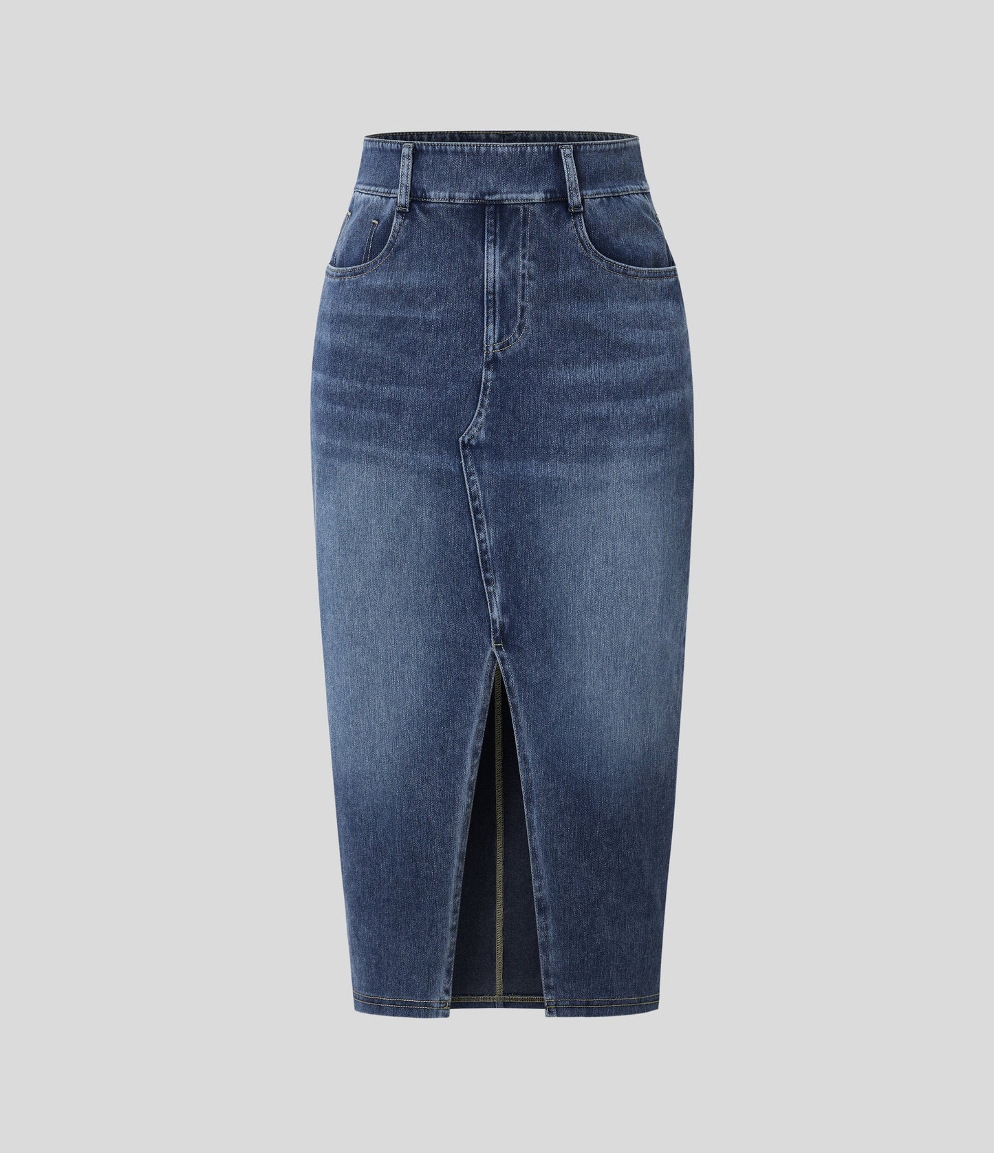 High Waisted Pockets Bodycon Washed Denim Casual Midi Skirt