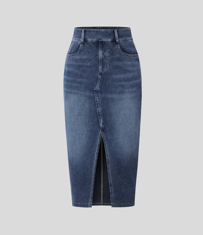 High Waisted Pockets Bodycon Washed Denim Casual Midi Skirt