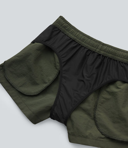 Low Rise Drawstring Color Block Built-in Underwear Casual Shorts with Pockets
