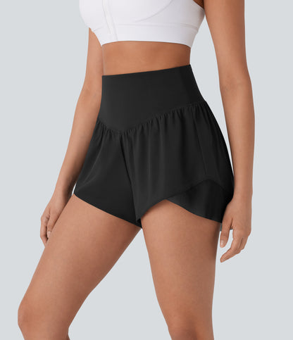 High Waisted Pocket Crossover Hem Quick Dry Yoga Shorts