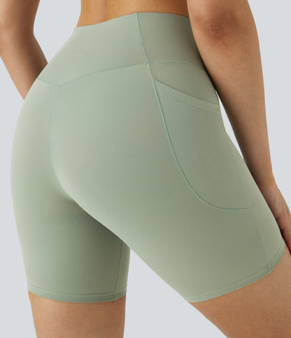 High Waisted Crossover Pocket Yoga Biker Shorts 7"-UPF50+