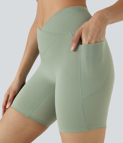 High Waisted Crossover Pocket Yoga Biker Shorts 7"-UPF50+