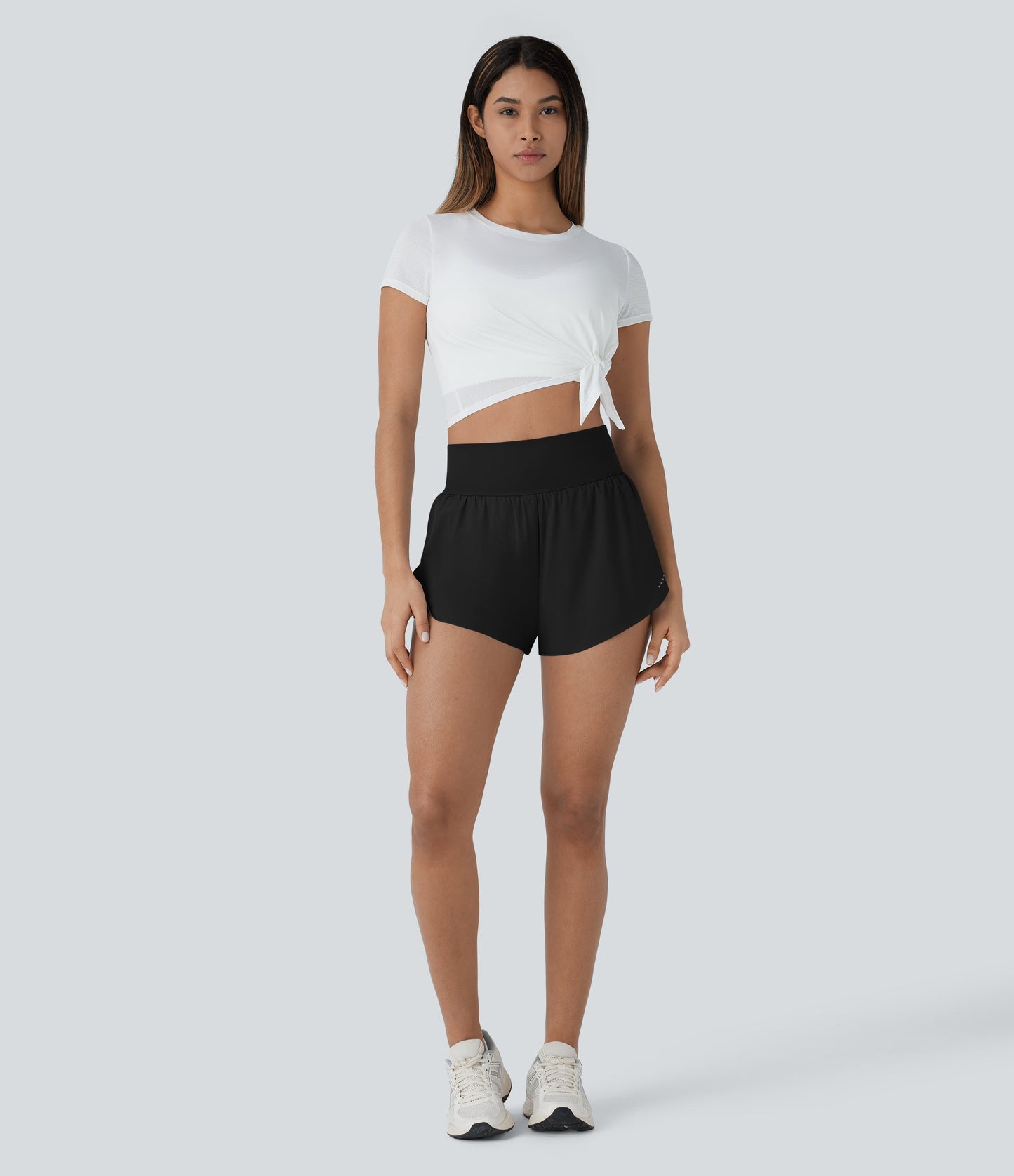 QuickDry High Waisted Reflective Dots Crossover Hem 2-in-1 Pockets Running Shorts