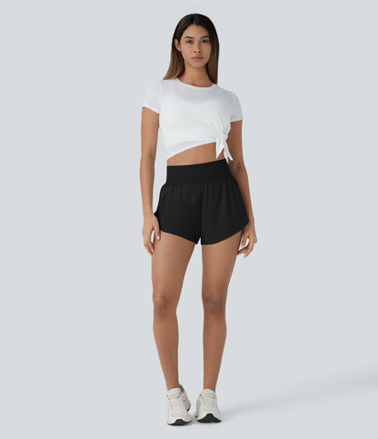 QuickDry High Waisted Reflective Dots Crossover Hem 2-in-1 Pockets Running Shorts