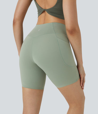 High Waisted Crossover Pocket Yoga Biker Shorts 7"-UPF50+