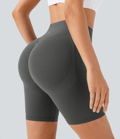 High Waisted Scrunch Butt Lifting Tummy Control Side Pocket Shaping Workout Biker Shorts 7''