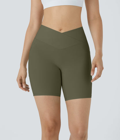 High Waisted Crossover Pocket Yoga Biker Shorts 7"-UPF50+