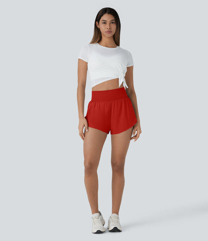 QuickDry High Waisted Reflective Dots Crossover Hem 2-in-1 Pockets Running Shorts