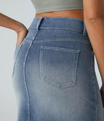 High Waisted Pockets Bodycon Washed Denim Casual Midi Skirt