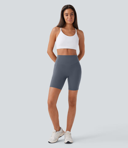 High Waisted Scrunch Butt Lifting Tummy Control Side Pocket Shaping Workout Biker Shorts 7''