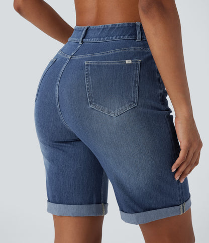 High Waisted Pockets Rolled Hem Washed Denim Casual Bermuda Shorts