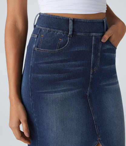 High Waisted Pockets Bodycon Washed Denim Casual Midi Skirt