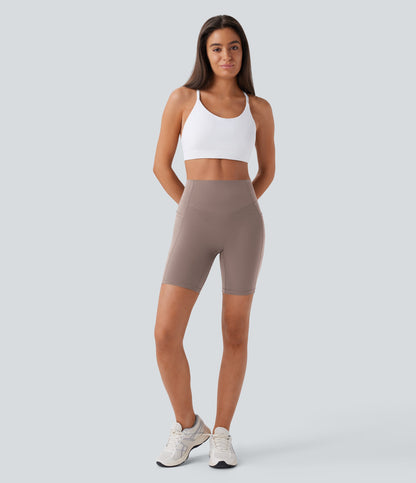 High Waisted Scrunch Butt Lifting Tummy Control Side Pocket Shaping Workout Biker Shorts 7''