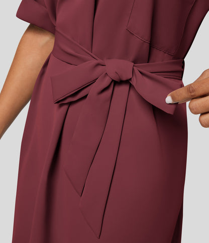 Roll Up Sleeve Belted Relaxed Work Shirt Dress