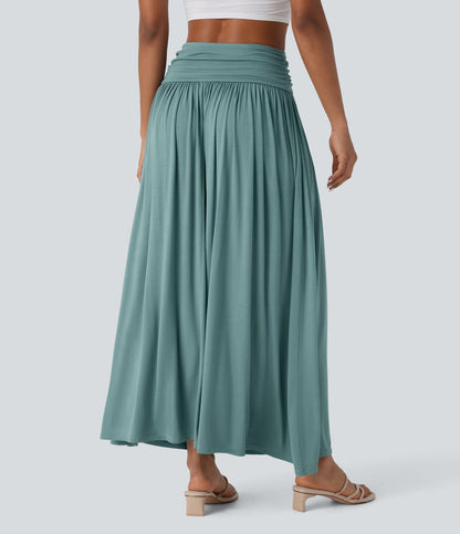 High Waisted Ruched Flowy Maxi Casual Skirt