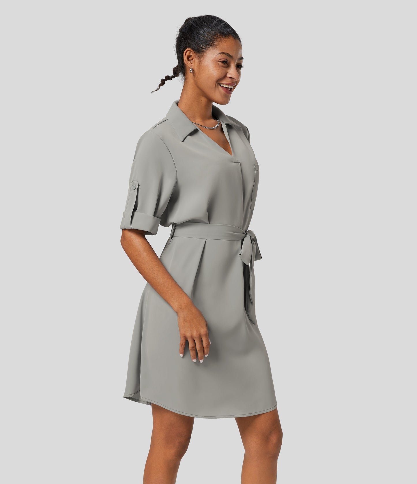 Roll Up Sleeve Belted Relaxed Work Shirt Dress