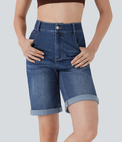 High Waisted Pockets Rolled Hem Washed Denim Casual Bermuda Shorts