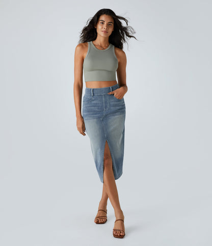 High Waisted Pockets Bodycon Washed Denim Casual Midi Skirt