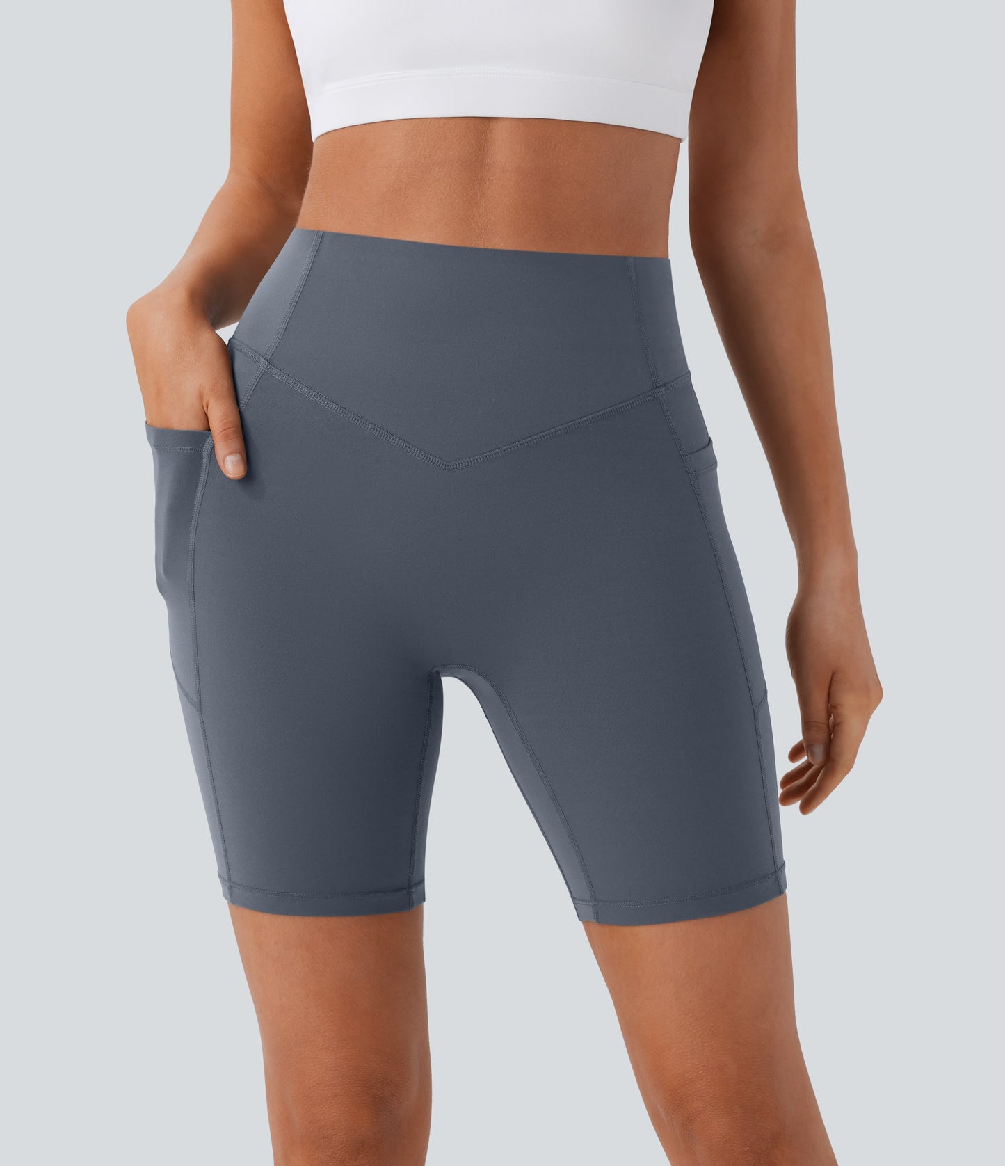 High Waisted Scrunch Butt Lifting Tummy Control Side Pocket Shaping Workout Biker Shorts 7''