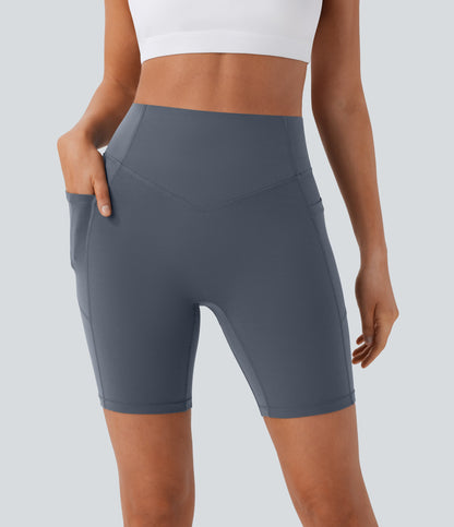 High Waisted Scrunch Butt Lifting Tummy Control Side Pocket Shaping Workout Biker Shorts 7''
