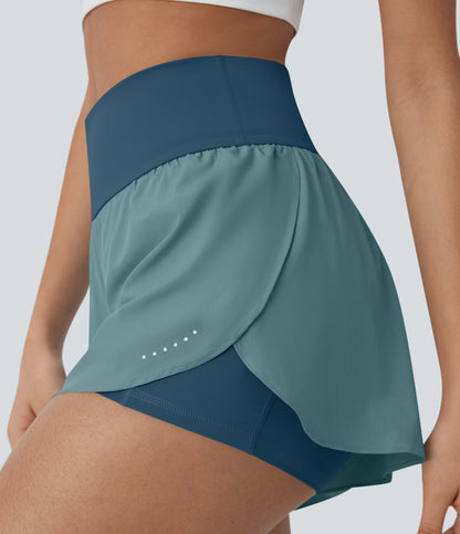 QuickDry High Waisted Reflective Dots Crossover Hem 2-in-1 Pockets Running Shorts