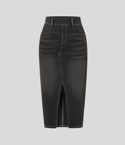 High Waisted Pockets Bodycon Washed Denim Casual Midi Skirt