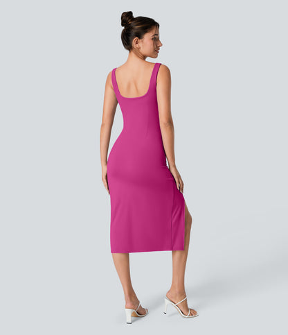 Square Neck Backless Corset Ruched Split Bodycon Midi Cool Touch Bridesmaid and Wedding Guest Dress