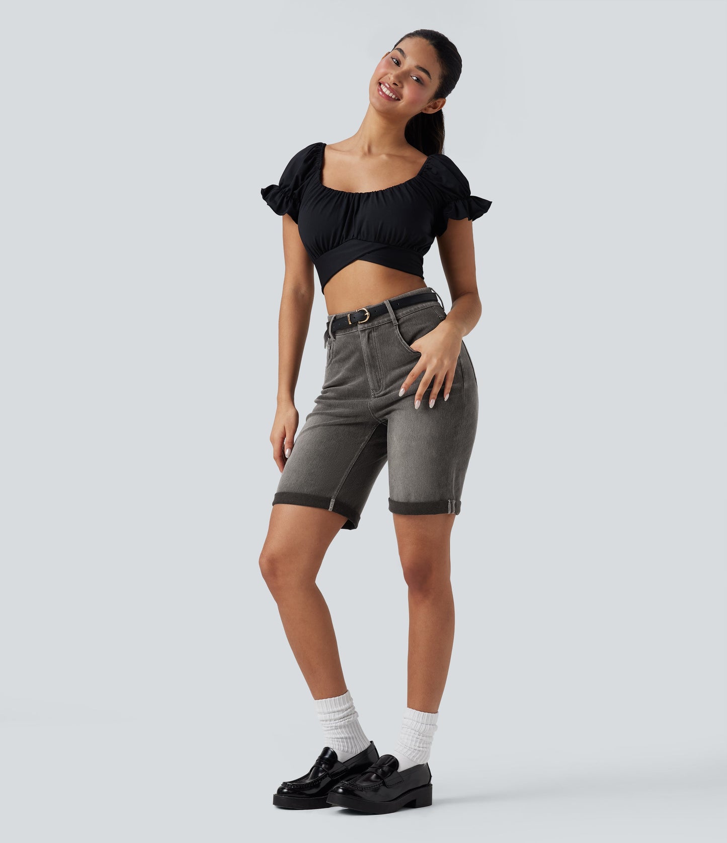 High Waisted Pockets Rolled Hem Washed Denim Casual Bermuda Shorts