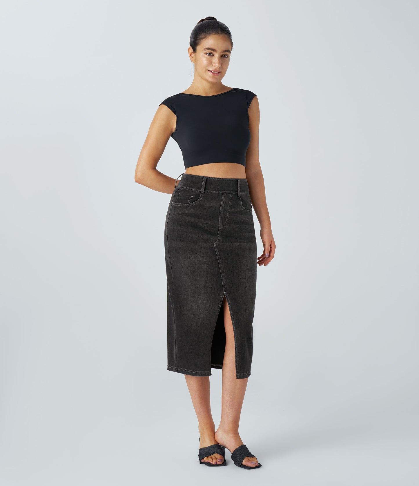 High Waisted Pockets Bodycon Washed Denim Casual Midi Skirt