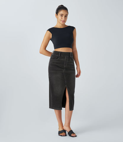 High Waisted Pockets Bodycon Washed Denim Casual Midi Skirt